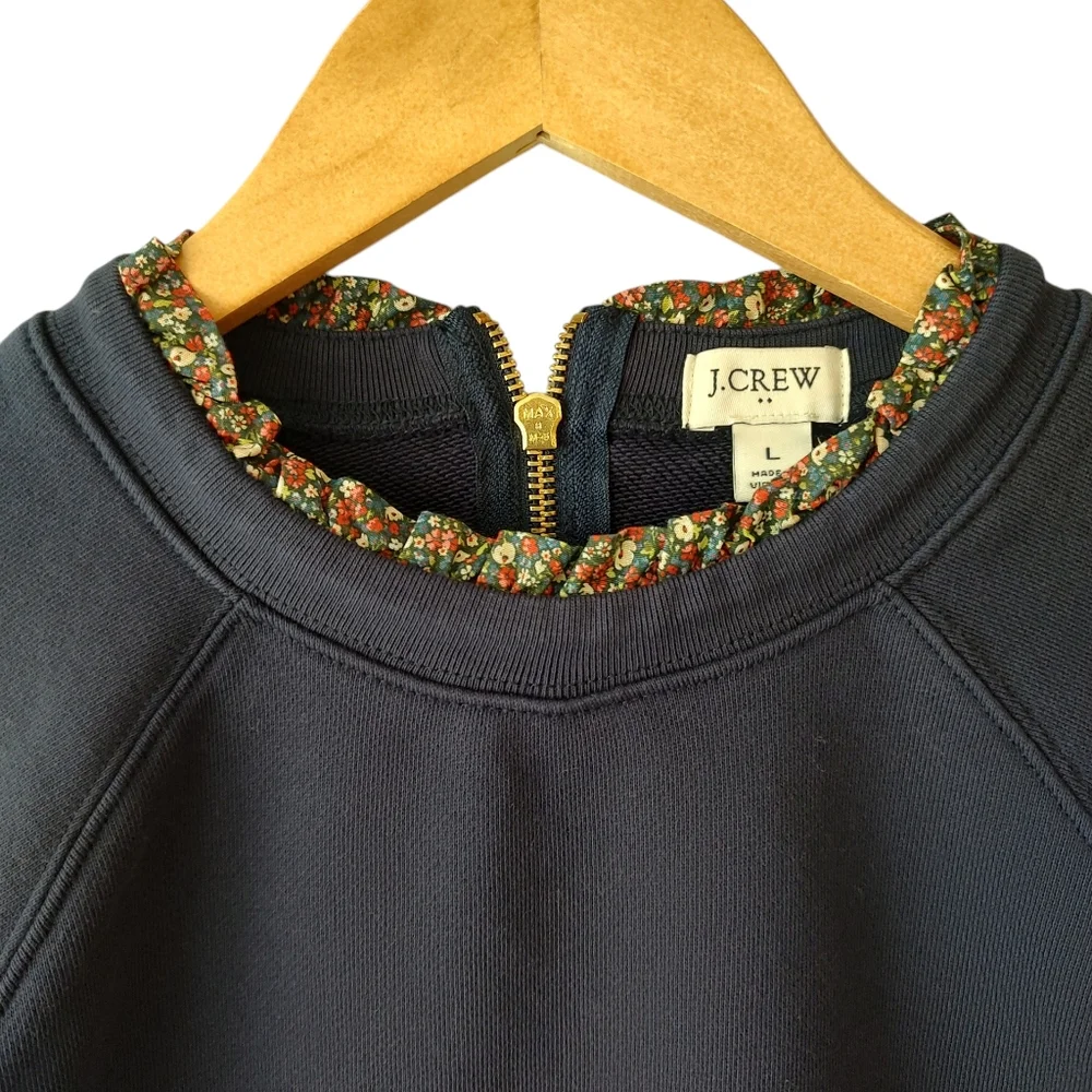 J. Crew Navy Blue Long Sleeve Sweatshirt with Floral Trim Size Large